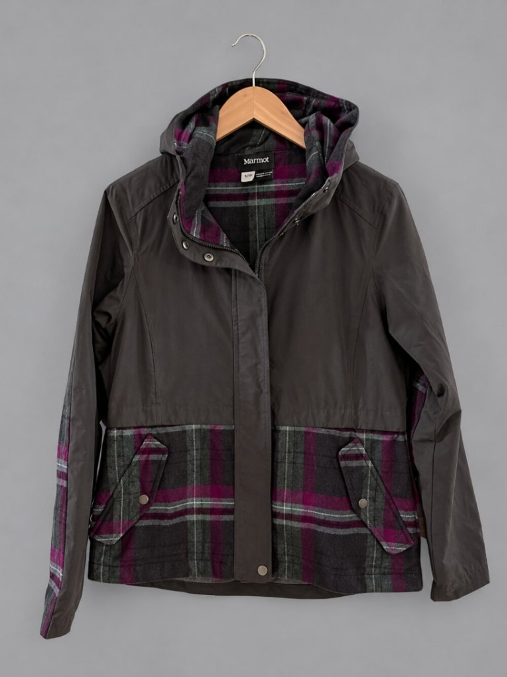 Marmot Dakota Hooded Jacket Womens S Gray Purple Plaid Flannel Outdoor Coat